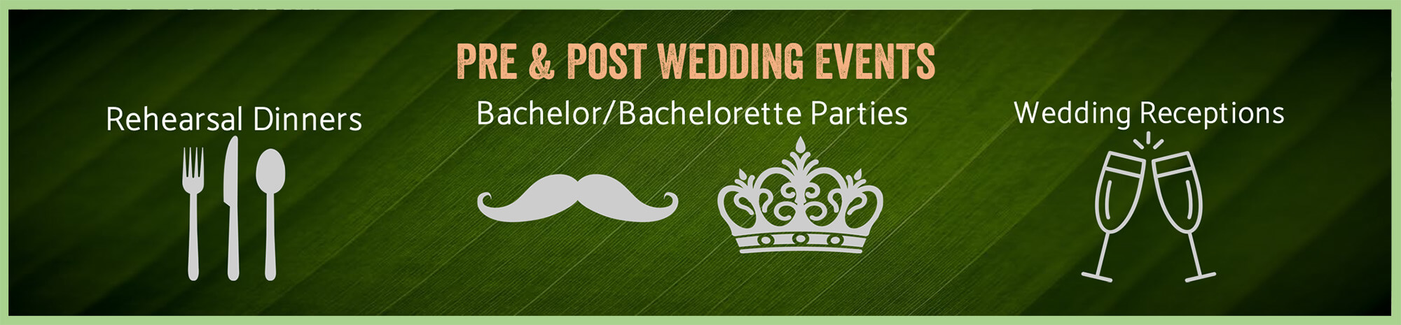 Pre and Post Wedding Events icons for Rehearsal dinners, bachelor and bachelorette parties plus wedding recption